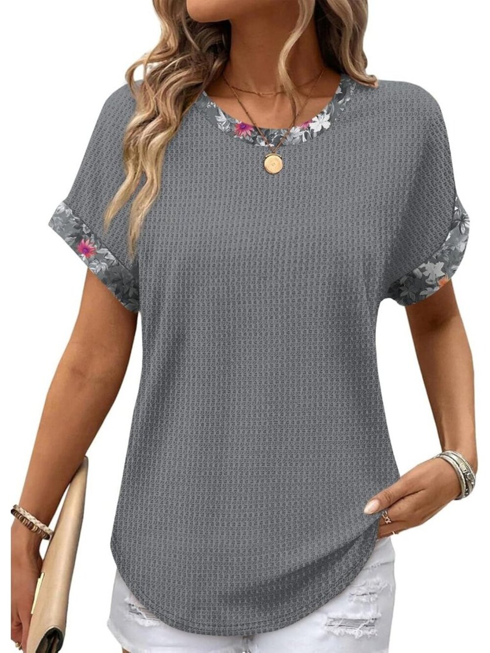 Women's Unique Floral Grey Polyester Blend Short Sleeve V Neck Henley Shirts